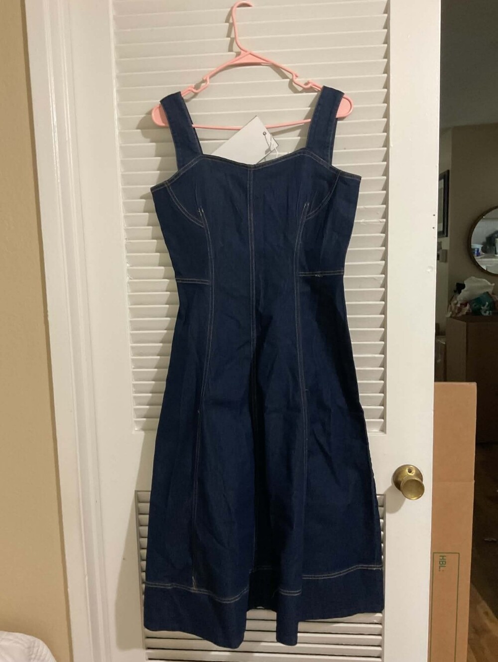Classic Navy Denim Midi Dress - Sleeveless Square Neck